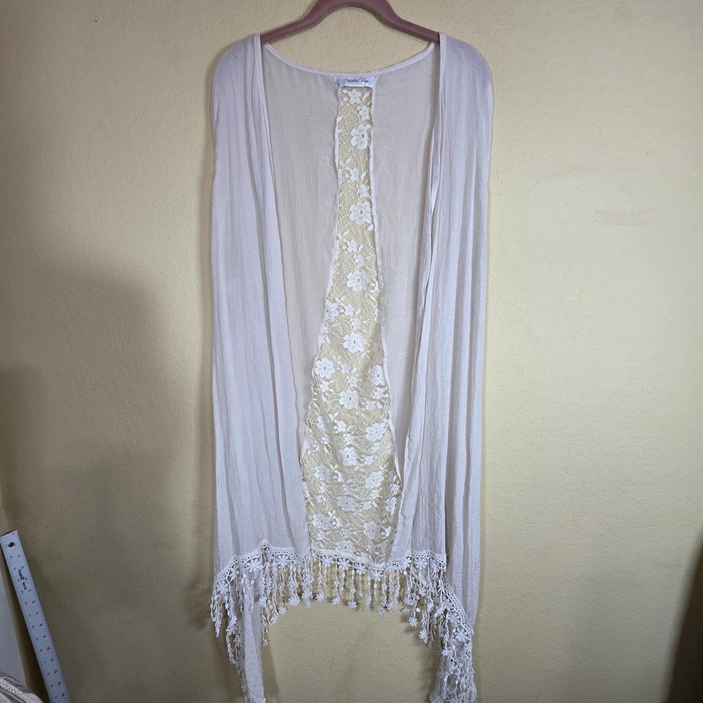 PAISLEY vine  Women‎ boho Long  DUSTER CARDIGAN Open Front Beige floral fringe